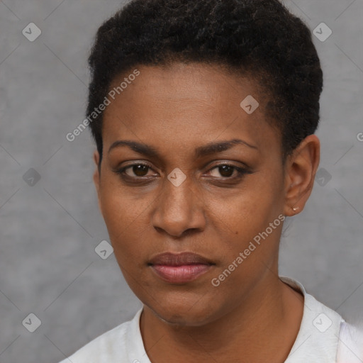 Neutral black young-adult female with short  brown hair and brown eyes