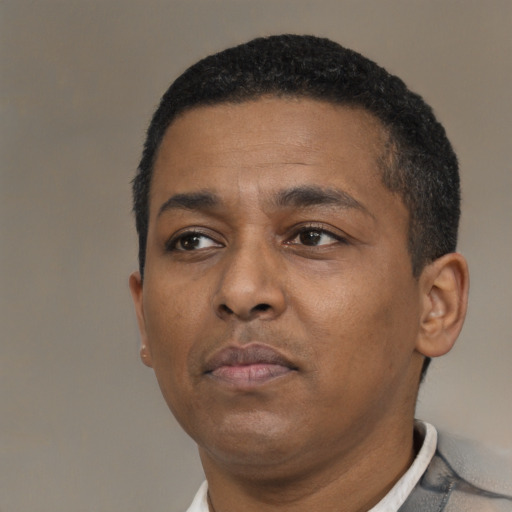 Neutral black young-adult male with short  black hair and brown eyes