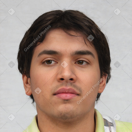 Neutral asian young-adult male with short  brown hair and brown eyes