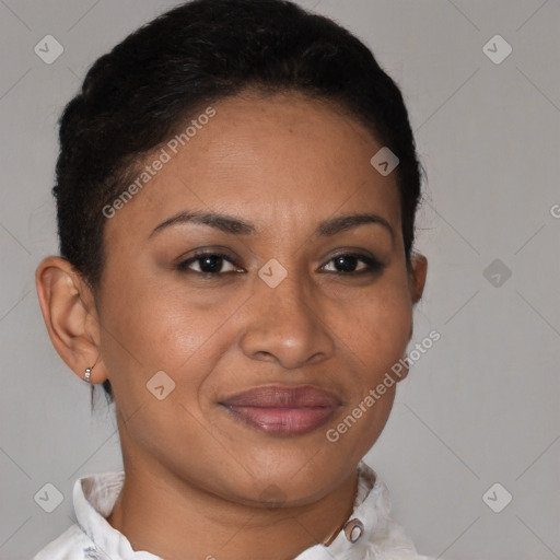 Joyful latino young-adult female with short  brown hair and brown eyes