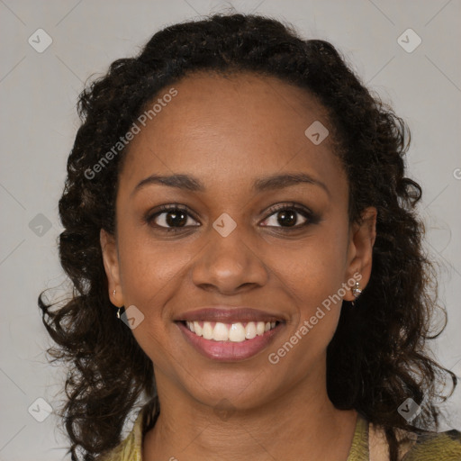 Joyful black young-adult female with medium  brown hair and brown eyes