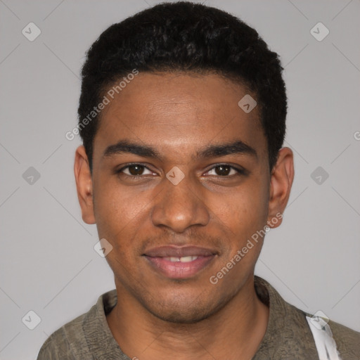 Joyful black young-adult male with short  black hair and brown eyes