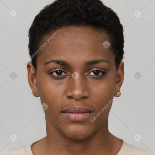 Neutral black young-adult female with short  brown hair and brown eyes