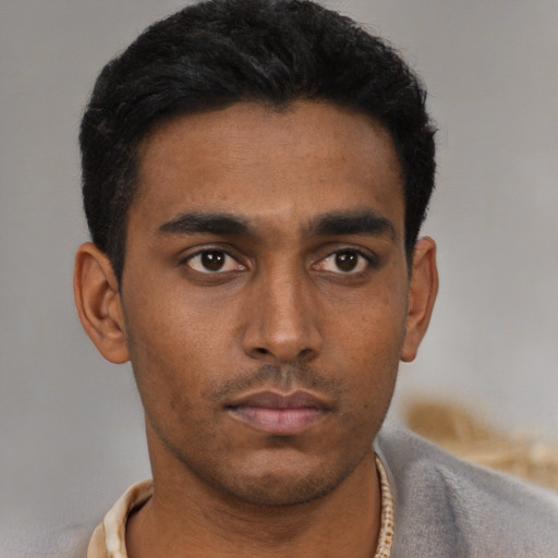Neutral latino young-adult male with short  black hair and brown eyes
