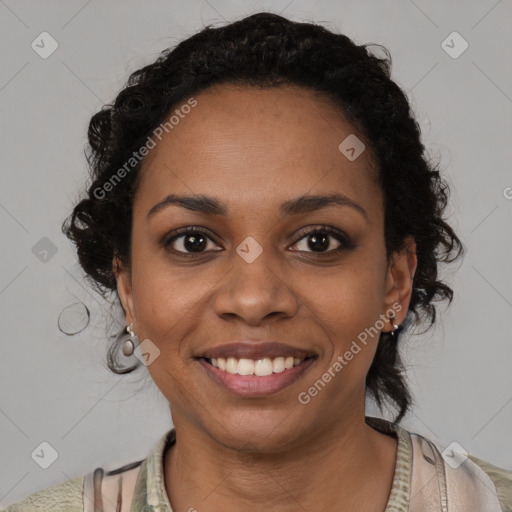 Joyful black young-adult female with medium  black hair and brown eyes