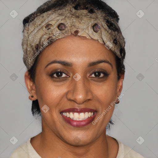 Joyful latino young-adult female with short  black hair and brown eyes