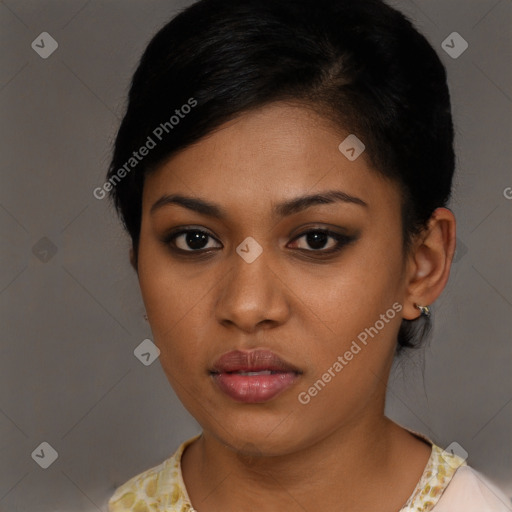 Neutral latino young-adult female with medium  black hair and brown eyes