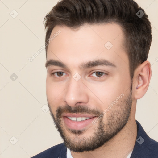 Joyful white young-adult male with short  brown hair and brown eyes