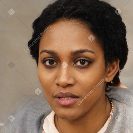 Neutral black young-adult female with short  black hair and brown eyes