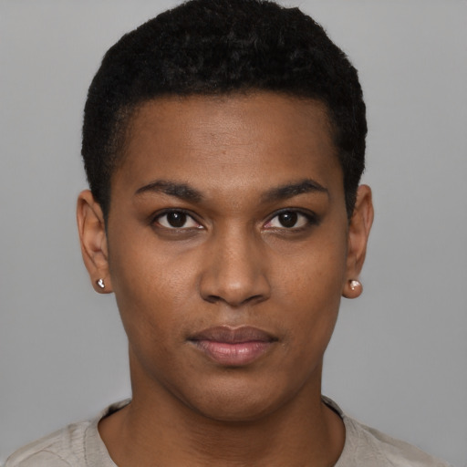 Neutral black young-adult male with short  black hair and brown eyes