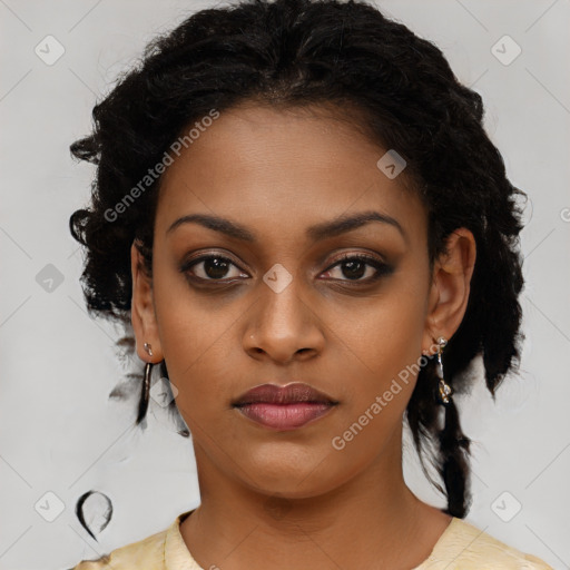 Joyful black young-adult female with medium  black hair and brown eyes