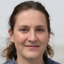 Joyful white adult female with medium  brown hair and grey eyes