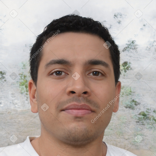 Neutral latino young-adult male with short  black hair and brown eyes