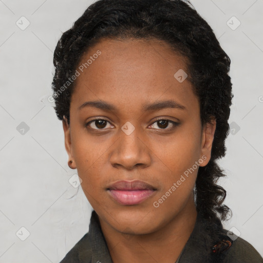 Neutral black young-adult female with short  black hair and brown eyes