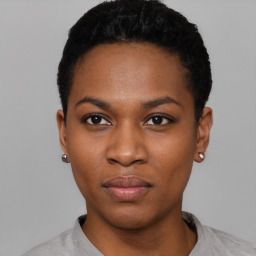 Neutral black young-adult female with short  black hair and brown eyes