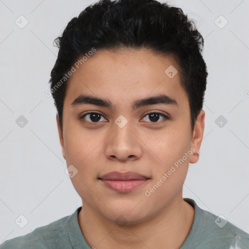 Joyful latino young-adult male with short  black hair and brown eyes