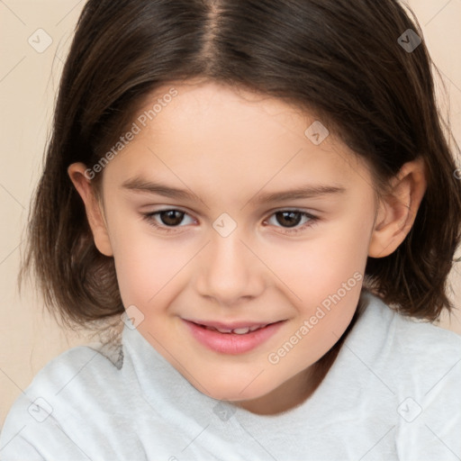 Joyful white child female with medium  brown hair and brown eyes