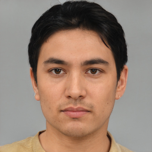 Neutral asian young-adult male with short  black hair and brown eyes