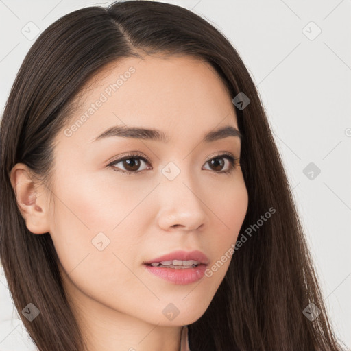 Neutral white young-adult female with long  brown hair and brown eyes