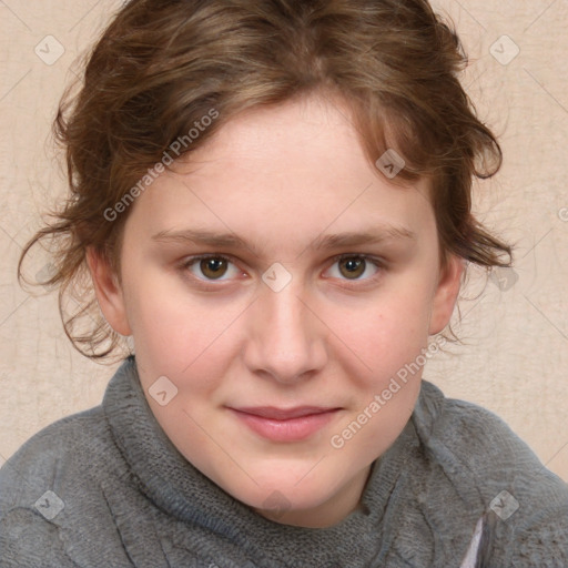 Joyful white child female with medium  brown hair and brown eyes