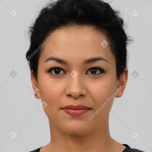 Joyful latino young-adult female with short  brown hair and brown eyes