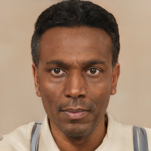 Neutral black adult male with short  black hair and brown eyes