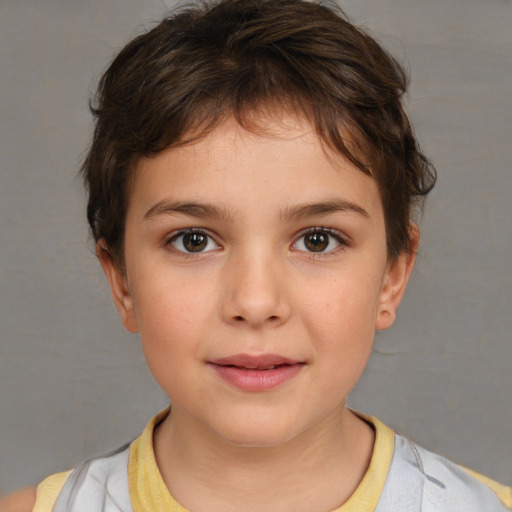 Joyful white child female with short  brown hair and brown eyes