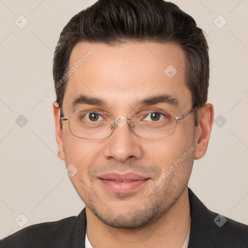 Joyful white adult male with short  brown hair and brown eyes