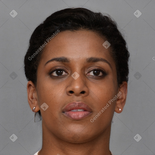 Neutral black young-adult female with short  brown hair and brown eyes