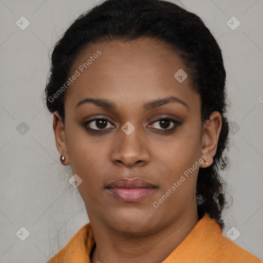 Neutral black young-adult female with short  black hair and brown eyes
