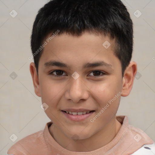 Joyful white child male with short  brown hair and brown eyes