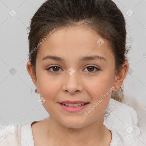 Joyful white child female with medium  brown hair and brown eyes