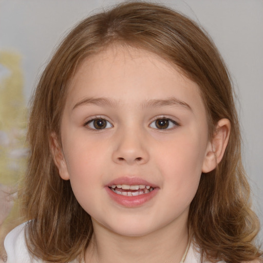 Joyful white child female with medium  brown hair and brown eyes