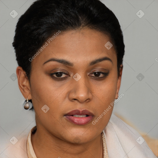 Neutral latino young-adult female with short  brown hair and brown eyes