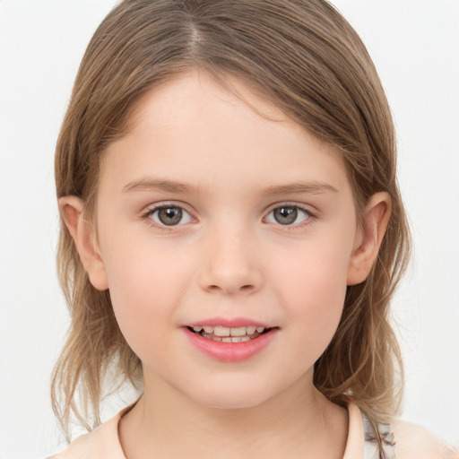 Joyful white child female with medium  brown hair and grey eyes