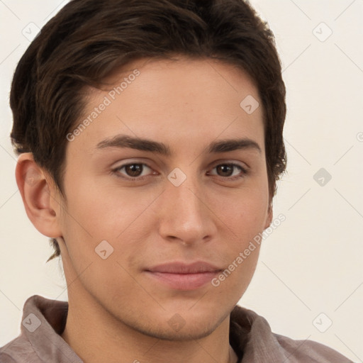 Neutral white young-adult male with short  brown hair and brown eyes