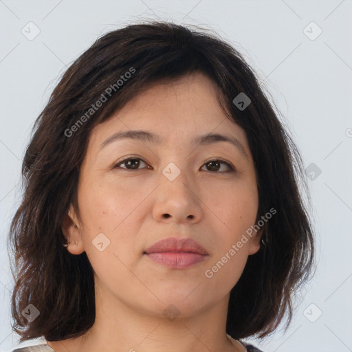 Neutral asian young-adult female with medium  brown hair and brown eyes