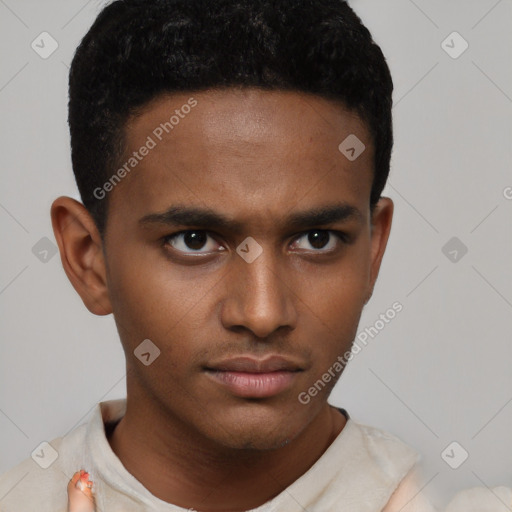 Neutral black young-adult male with short  brown hair and brown eyes
