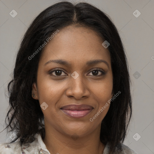 Joyful black young-adult female with medium  brown hair and brown eyes