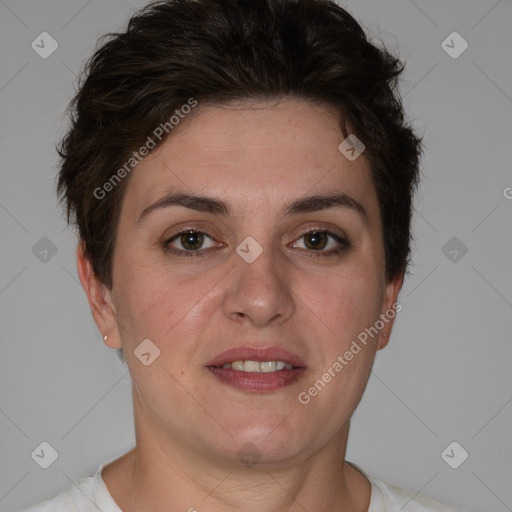 Joyful white young-adult female with short  brown hair and brown eyes