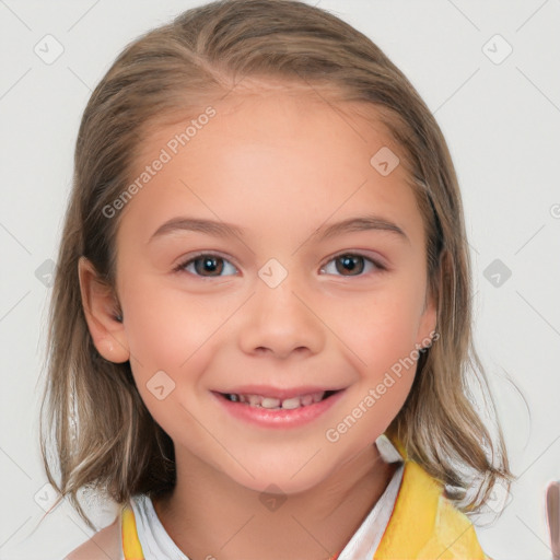 Joyful white child female with medium  brown hair and brown eyes