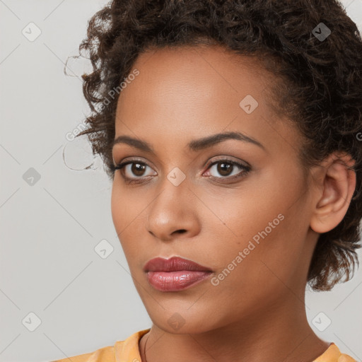 Neutral white young-adult female with short  brown hair and brown eyes