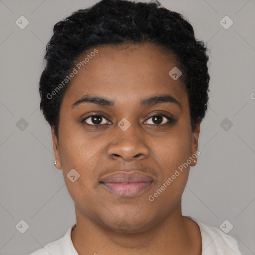 Joyful black young-adult female with short  brown hair and brown eyes