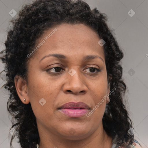 Joyful black adult female with medium  brown hair and brown eyes