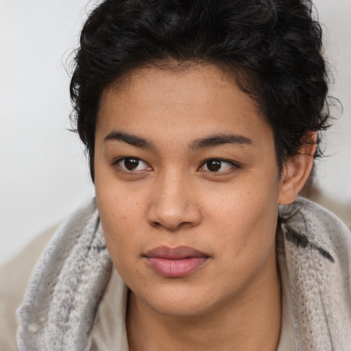 Neutral latino young-adult female with short  brown hair and brown eyes
