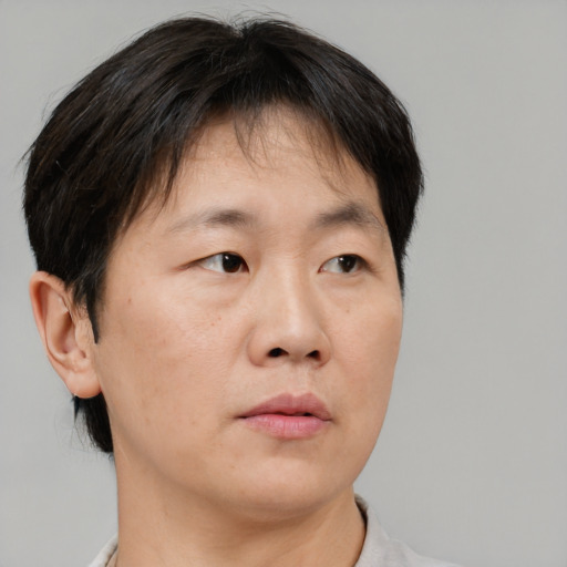 Neutral asian adult male with short  brown hair and brown eyes
