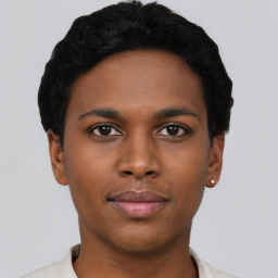 Neutral black young-adult female with short  black hair and brown eyes