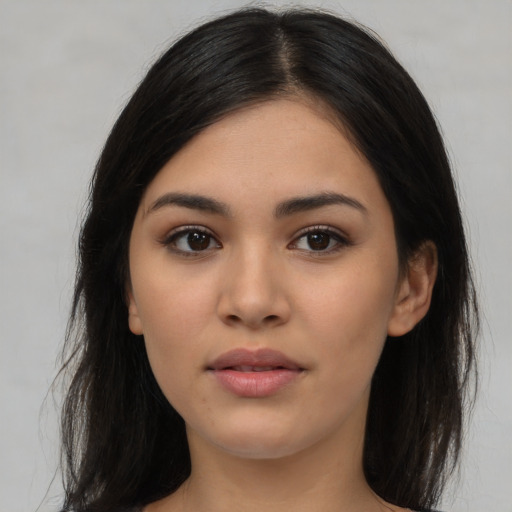 Neutral asian young-adult female with long  brown hair and brown eyes