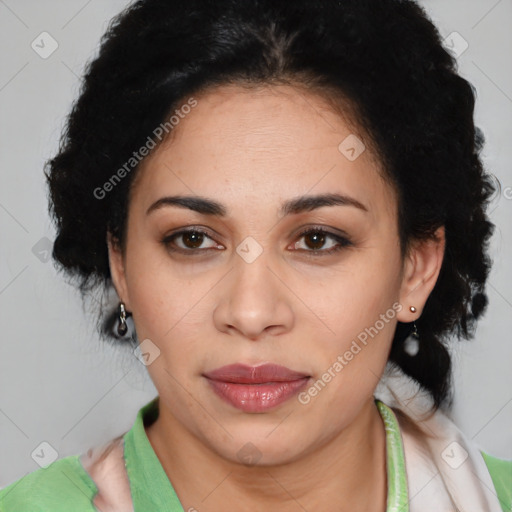 Joyful latino young-adult female with medium  black hair and brown eyes