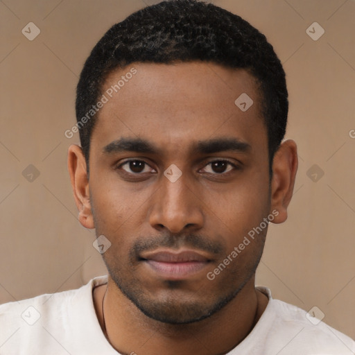Neutral latino young-adult male with short  black hair and brown eyes